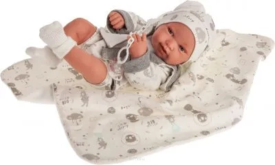 Lalka Hiszpańska 42 cm Antonio Juan 50083 Pipa, bobas cały z winylu, dziewczynka, bez włosów, rzęsy, imitacja śliny w kąciku ust, ubranko, smoczek, kocyk