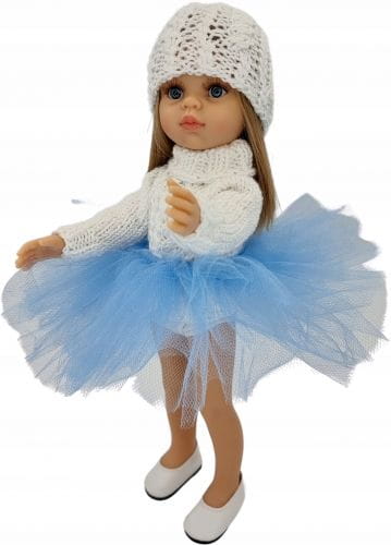 Komplet dla lalki Paola Reina Amigas 32 cm czapeczka i sweterek białe, spódniczka tutu niebieska
