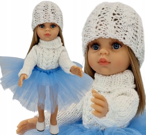 Komplet dla lalki Paola Reina Amigas 32 cm czapeczka i sweterek białe, spódniczka tutu niebieska