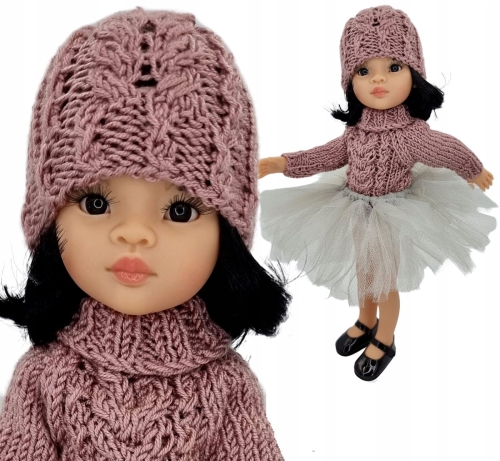 Komplet dla lalki Paola Reina Amigas 32 cm czapeczka i sweterek pudrowy róż, spódniczka tutu szara