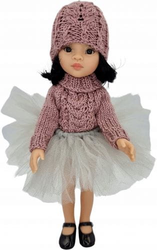 Komplet dla lalki Paola Reina Amigas 32 cm czapeczka i sweterek pudrowy róż, spódniczka tutu szara