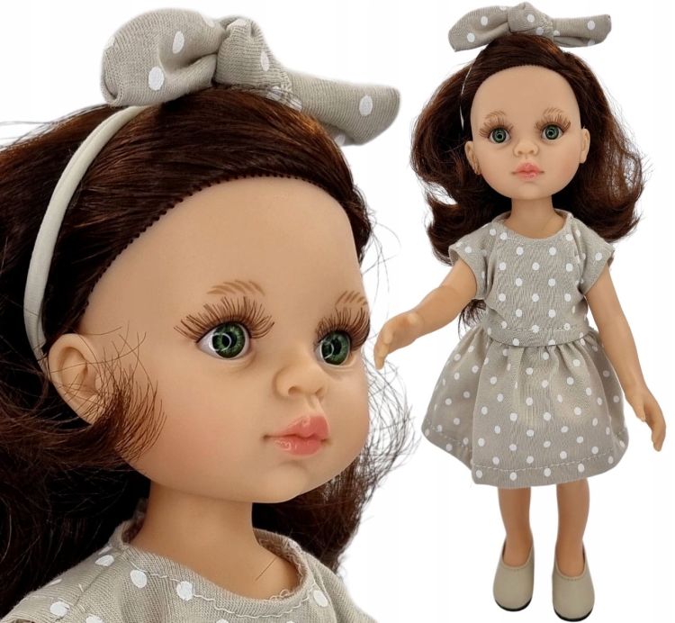Sukienka beżowa w groszki, opaska i majteczki dla lalki Paola Reina Amigas 32 cm