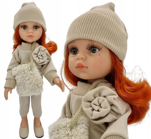 Komplet dla lalki Paola Reina Amigas 32 cm beżowe dresy, czapeczka, futrzana torebka