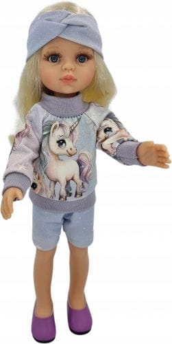 Komplet dla lalki Paola Reina Amigas 32 cm bluza w jednorożce zapinana z tyłu na rzep, krótkie spodenki, opaska na głowę
