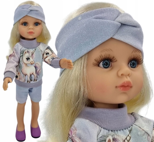 Komplet dla lalki Paola Reina Amigas 32 cm bluza w jednorożce zapinana z tyłu na rzep, krótkie spodenki, opaska na głowę