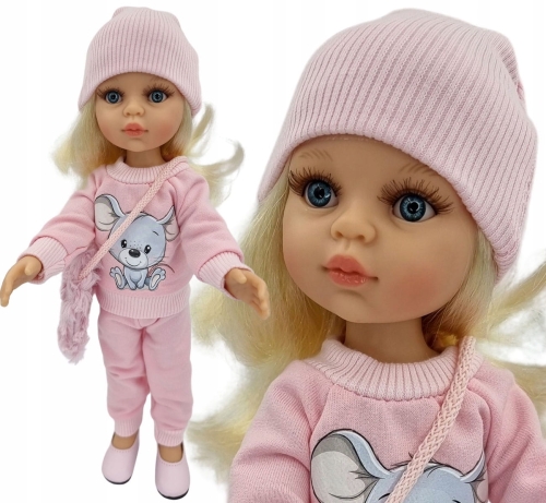 Komplet dla lalki Paola Reina Amigas 32 cm różowe dresy, czapeczka, futrzana torebka, aplikacja na bluzie