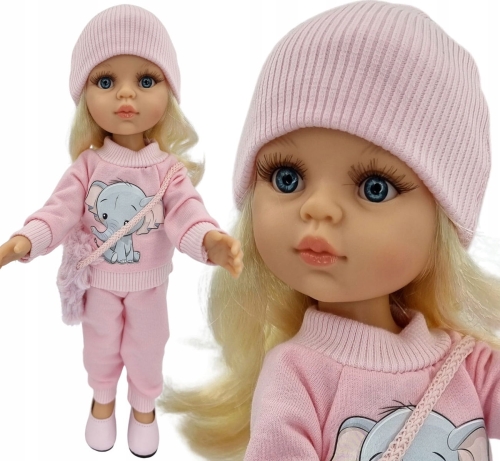 Komplet dla lalki Paola Reina Amigas 32 cm różowe dresy, czapeczka, futrzana torebka, aplikacja na bluzie