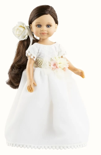 Lalka Hiszpańska 32 cm Paola Reina Amigas 04829 Noa, klasyczna, cała z winylu, niebieskie oczy, brązowe włosy, długa balowa sukienka, majteczki, buciki