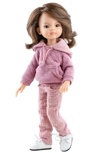 Lalka Hiszpańska 32 cm Paola Reina Amigas 04850 Liu, klasyczna, cała z winylu, przegubowa ruchome stawy, ciemne oczy, brązowe włosy, bluza z kapturem, spodnie, białe wiązane buciki