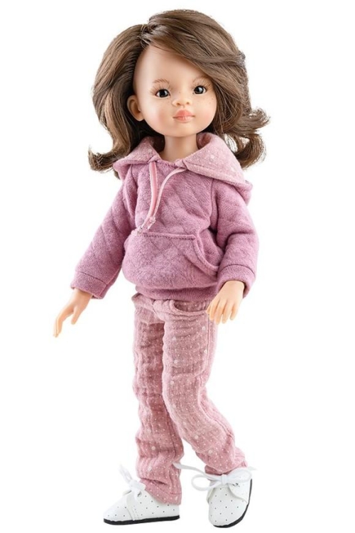 Lalka Hiszpańska 32 cm Paola Reina Amigas 04850 Liu, klasyczna, cała z winylu, przegubowa ruchome stawy, ciemne oczy, brązowe włosy, bluza z kapturem, spodnie, białe wiązane buciki