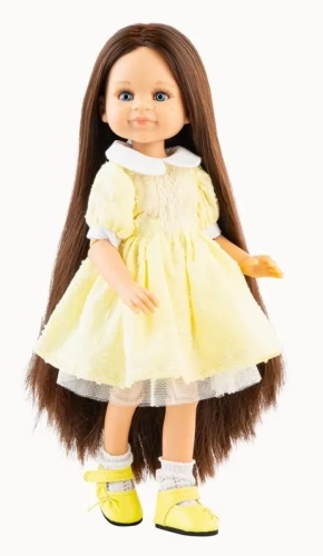 Lalka Hiszpańska 32 cm Paola Reina Amigas 04863 Gema, klasyczna, cała z winylu, przegubowa ruchome stawy, niebieskie oczy, brązowe długie włosy,  żółta sukienka z kołnierzykiem, majteczki, skarpetki, buciki
