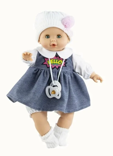 Lalka Hiszpańska 36 cm Paola Reina 08038 Sonia, bobas miękki brzuszek, zamyka oczy, płacze, mówi: mama, papa, bez włosów, w ubranku