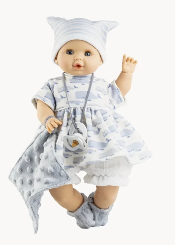 Lalka Hiszpańska 36 cm Paola Reina 08036 Sonia, bobas miękki brzuszek, zamyka oczy, płacze, mówi: mama, papa, bez włosów, w ubranku