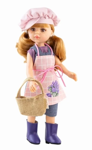 Lalka Hiszpańska 32 cm Paola Reina Amigas 04701 Irene ogrodniczka, klasyczna, cała z winylu, brązowe oczy, piegi na buzi, blond z odcieniem rudego włosy z grzywką, bluzeczka, ogrodniczki, fartuch, czapka, torba, buciki