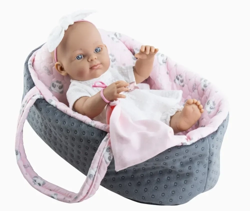 Lalka Hiszpańska 32 cm Paola Reina 05127 Minipikolina, bobas cały z winylu, dziewczynka, bez włosów, w ubranku, nosidełko z poduszeczką, mały kocyk przytulanka