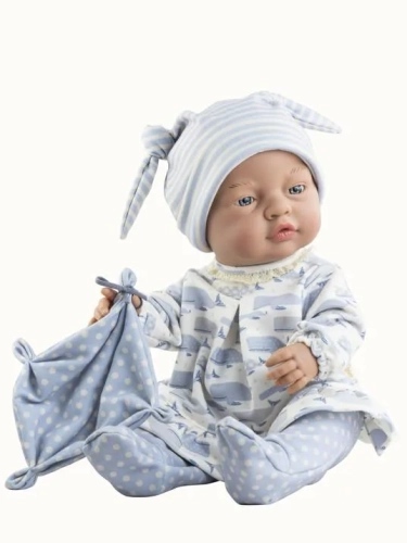 Lalka Hiszpańska 45 cm Paola Reina 05198 Bebita, bobas cały z winylu, dziewczynka, bez włosów, w ubranku, mały kocyk przytulanka