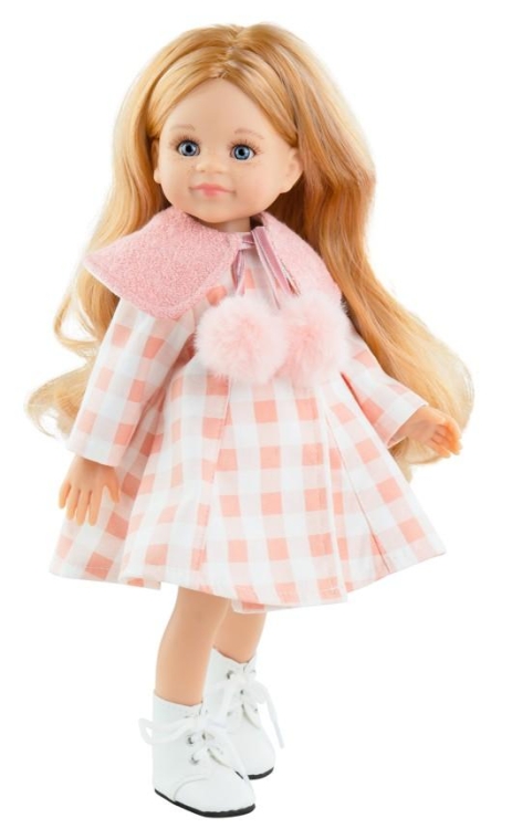 Lalka Hiszpańska 32 cm Paola Reina Amigas 04490 Conchi, klasyczna, cała z winylu, niebieskie oczy, blond włosy  z jasnymi pasemkami, sukienka, płaszczyk, majteczki, białe wiązane buciki