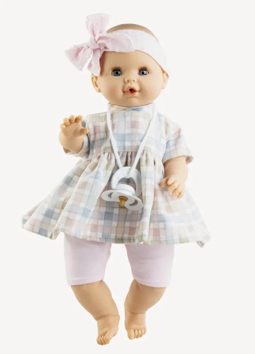 Lalka Hiszpańska 36 cm Paola Reina 08035 Sonia, bobas miękki brzuszek, zamyka oczy, płacze, mówi: mama, papa, bez włosów, opaska na głowę, sukienka, krótkie legginsy, magnetyczny smoczek