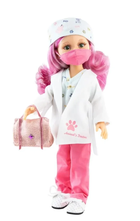 Lalka Hiszpańska 32 cm Paola Reina Amigas 04700 Esme lekarka weterynarii, klasyczna, cała z winylu, zielone oczy, różowe z białymi pasemkami włosy, strój lekarki: czepek, maseczka, fartuch, bluza, spodnie, torba, białe wiązane buciki