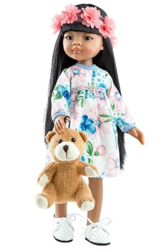 Lalka Hiszpańska 32 cm Paola Reina Amigas 04453 Meily, klasyczna, cała z winylu, ciemna skóra, brązowe oczy, czarne proste włosy z grzywką, opaska na głowę, sukienka, majteczki, wiązane białe buciki, zabawka miś