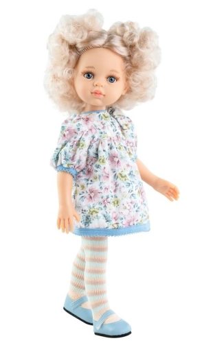 Lalka Hiszpańska 32 cm Paola Reina Amigas 04483 Mari Pili, klasyczna, cała z winylu, niebieskie oczy, białe perłowe z odcieniem różu włosy do ramion, sukienka w kwiatuszki, rajstopki w paseczki, niebieskie buciki