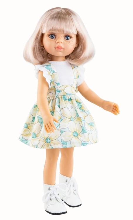 Lalka Hiszpańska 32 cm Paola Reina Amigas 04674 Rosa, klasyczna, cała z winylu, niebieskie oczy, piegi na buzi, perłowe blond włosy z grzywką odcień delikatny róż długość do ramion, bluzeczka, spódniczka z szelkami, majteczki, wiązane białe buciki
