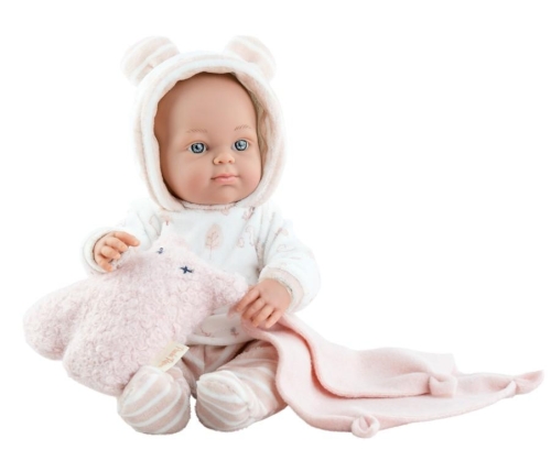 Lalka Hiszpańska 32 cm Paola Reina 05126 Minipikolina, bobas cały z winylu, dziewczynka, bez włosów, w ubranku, mały kocyk przytulanka, zabaweczka