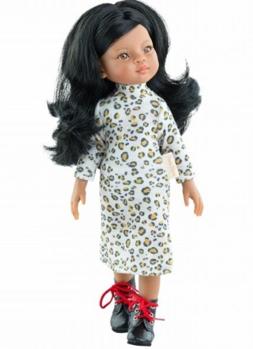 Lalka Hiszpańska 32 cm Paola Reina Amigas 04484 Ana Maria, klasyczna, cała z winylu, ciemna skóra, bursztynowe oczy, czarne lekko falowane włosy, sukienka, wiązane czarne buciki
