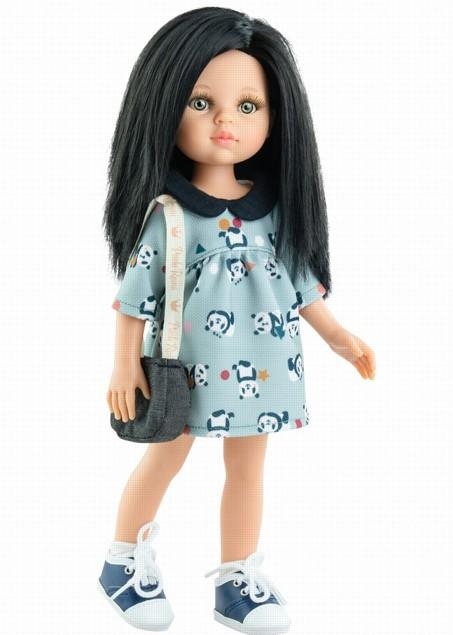 Lalka Hiszpańska 32 cm Paola Reina Amigas 04482 Maria, klasyczna, cała z winylu, zielone oczy, czarne proste włosy, sukienka, majteczki, skarpetki, buciki, torebka