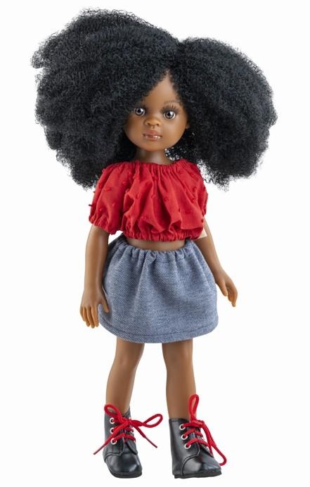 Lalka Hiszpańska 32 cm Paola Reina Amigas 04671 Camila, klasyczna, cała z winylu, ciemna skóra, brązowe oczy, czarne włosy fryzura typu afro, bluzeczka, spódniczka, majteczki, wiązane buciki