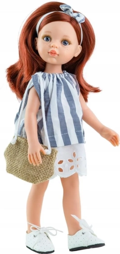 Lalka Hiszpańska 32 cm Paola Reina Amigas 04418 Cristi, klasyczna, cała z winylu, oczy niebieskie, włosy w kolorze kasztanowym, w ubranku, torebka, buciki