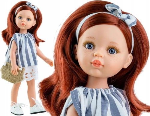 Lalka Hiszpańska 32 cm Paola Reina Amigas 04418 Cristi, klasyczna, cała z winylu, oczy niebieskie, włosy w kolorze kasztanowym, w ubranku, torebka, buciki