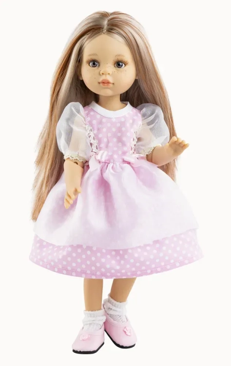 Lalka Hiszpańska 32 cm Paola Reina Amigas 04865 Miriam, klasyczna, cała z winylu, przegubowa ruchome stawy, brązowe oczy, włosy brązowe i jasne pasemka, sukienka, majteczki, skarpetki, buciki