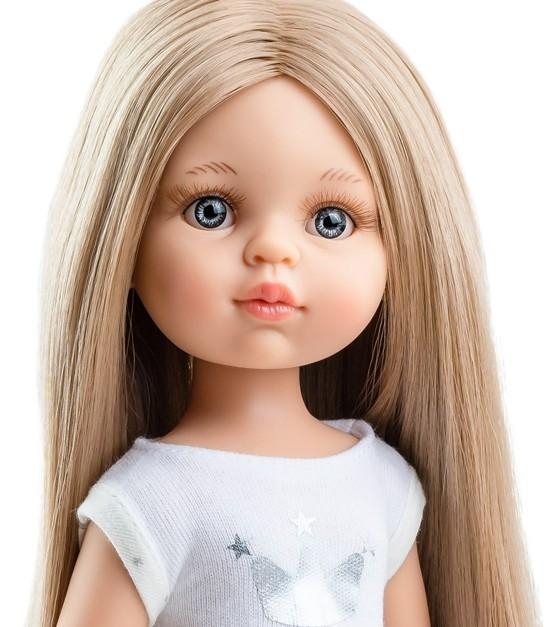 Lalka Hiszpańska 32 cm Paola Reina Amigas 13212 Carla, klasyczna, cała z winylu, w piżamce, długie do kostek proste blond włosy, szaro-niebieskie oczy