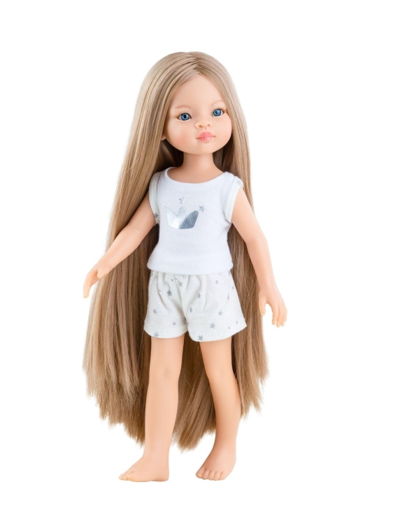 Lalka Hiszpańska 32 cm Paola Reina Amigas 13208 Manica, klasyczna, cała z winylu, w piżamce, długie do kostek proste blond włosy, niebieskie oczy