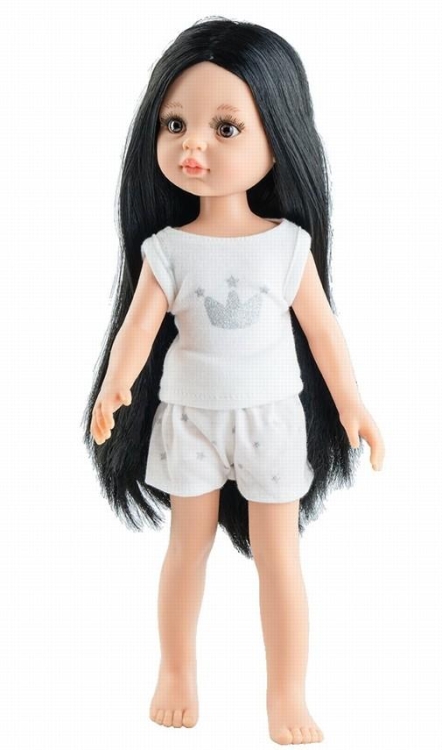 Lalka Hiszpańska 32 cm Paola Reina Amigas 13222 Carina, klasyczna, cała z winylu, w piżamce, długie do kolan czarne proste włosy, brązowe oczy