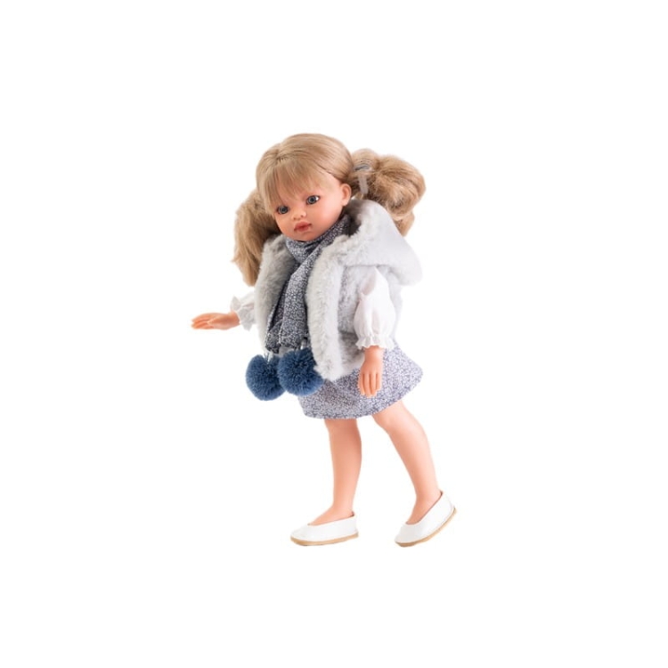 Lalka Hiszpańska 33 cm Antonio Juan 25297 Emily, klasyczna, cała z winylu, w ubranku, blond włosy z grzywką, rzęsy