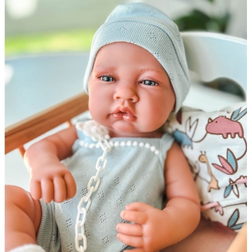 Lalka Hiszpańska 42 cm Antonio Juan 50409 Gabriel, bobas cały z winylu, chłopiec, bez włosów, rzęsy, w ubranku, smoczek, poduszka