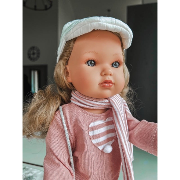Lalka Hiszpańska 45 cm Antonio Juan 28328 Bella, lalka klasyczna, cała z winylu, gęste, długie do pasa lekko falowane blond włosy, siedzi i stoi samodzielnie, w ubranku