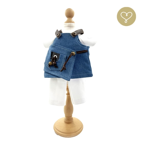 Strój Alison dla lalki 38 cm Lullu Dolls biała koszulka, białe getry, jeansowa sukienka na szelki