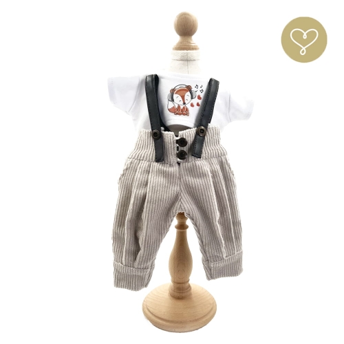 Strój Nelly dla lalki 38 cm Lullu Dolls biała koszulka z aplikacją liska, beżowe spodnie sztruksowe z kieszeniami na szelkach