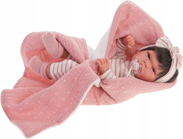 Lalka Hiszpańska 33 cm Antonio Juan 60146 Baby Toneta, bobas cały z winylu, dziewczynka, ciemne krótkie włosy, ubranko, smoczek, dwustronny kocyk