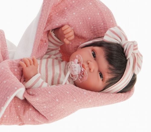 Lalka Hiszpańska 33 cm Antonio Juan 60146 Baby Toneta, bobas cały z winylu, dziewczynka, ciemne krótkie włosy, ubranko, smoczek, dwustronny kocyk