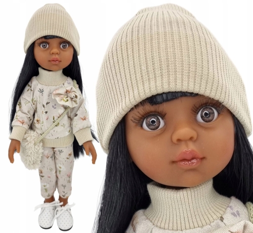 Komplet dla lalki Paola Reina Amigas 32 cm beżowe we wzory dresy, czapeczka, futrzana torebka