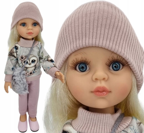 Komplet dla lalki Paola Reina Amigas 32 cm bluza w sowy,  spodnie, czapeczka, futrzana torebka