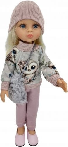 Komplet dla lalki Paola Reina Amigas 32 cm bluza w sowy,  spodnie, czapeczka, futrzana torebka