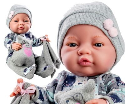 Lalka Hiszpańska 45 cm Paola Reina 05182 Bebita, bobas cały z winylu, dziewczynka, bez włosów, w ubranku, zabawka miś, mały kocyk przytulanka