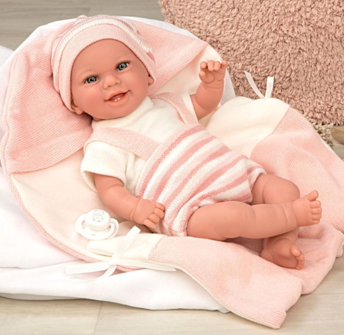 Lalka Hiszpańska 35 cm Arias 60750 bobas bez włosów miękki brzuszek, w ubranku, smoczek, wiązany kocyk z kapturem