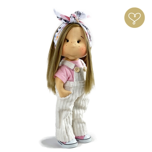 Białe sztruksowe spodnie ogrodniczki 5 dla lalki 38 cm Lullu Dolls