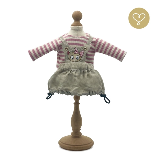 Strój Ida dla lalki 38 cm Lullu Dolls bluzka w paseczki różowo-białe, lniana szara spódnica na szelkach ze ściągaczami z aplikacją kotka
